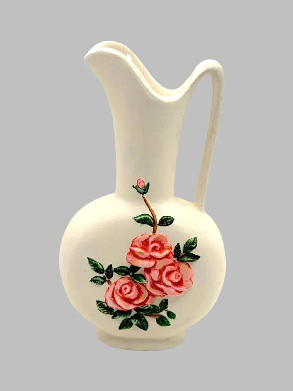 Vintage Cream Ceramic Pitcher Vase Pink Rose Floral Applied Flowers 6